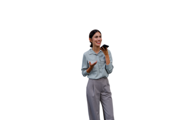 Professional woman recording voice message on mobile phone, smiling and communicating, transparent background