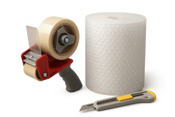 Tape, bubble wrap, utility knife, isolated on transparent background.