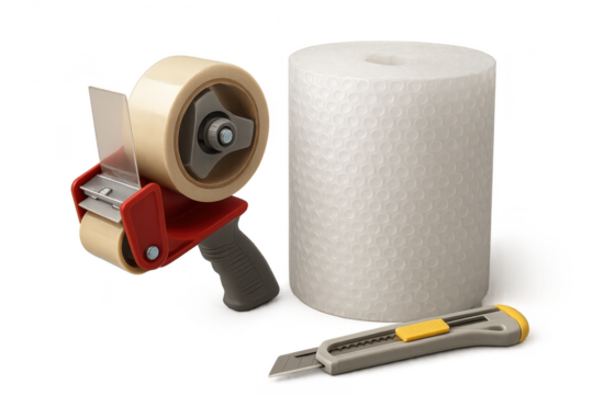 Tape, bubble wrap, utility knife, isolated on transparent background.