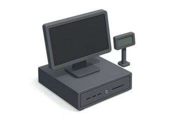 Modern POS system with monitor and customer display isolated on transparent background