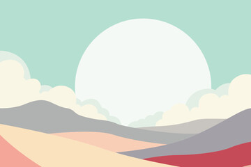 Minimalist abstract landscape illustration with colorful hills, large sun, and pastel sky