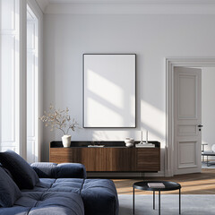 Naklejka na ściany i meble Modern Living Room Poster Frame Mockup with Natural Light and Minimalist Decoration. 3D render. Naklejka na ściany i meble Modern Living Room Poster Frame Mockup with Natural Light and Minimalist Decoration. 3D render.