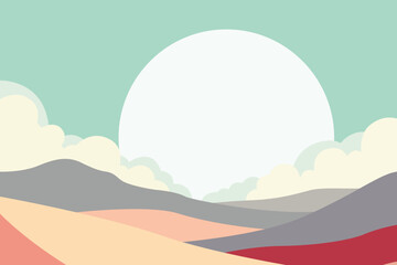 Minimalist abstract landscape illustration with colorful hills, large sun, and pastel sky