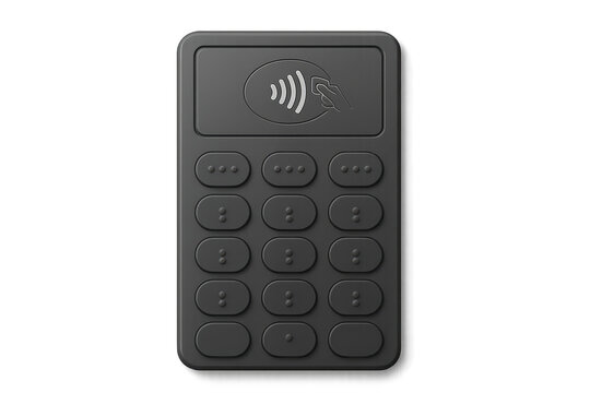 Dark grey contactless payment terminal isolated on transparent background with keypad - Powered by Adobe
