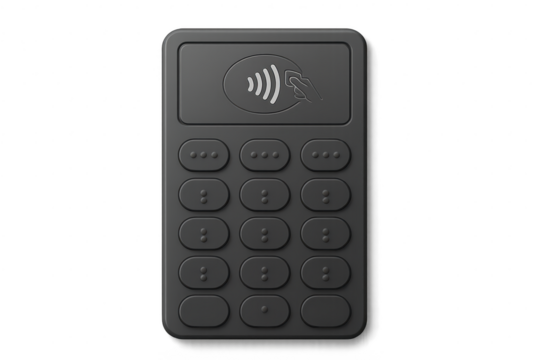 Dark grey contactless payment terminal isolated on transparent background with keypad
