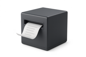 Modern compact receipt printer issuing paper isolated on transparent background