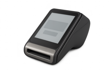 Sleek black POS payment terminal with screen isolated on transparent background