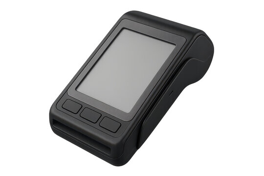 Black payment terminal with blank screen isolated on transparent background