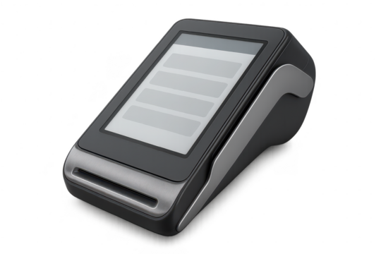 Modern POS payment terminal device with blank screen isolated on transparent background