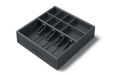 Empty dark cash register till tray insert isolated on transparent background