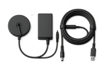Modern black electronic power adapter and diverse cables isolated on transparent background.