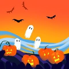 Halloween background with ghost bats pumpkins