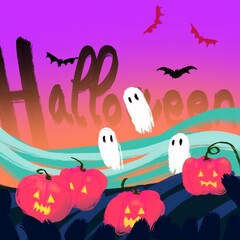 Halloween background with ghost bats pumpkins