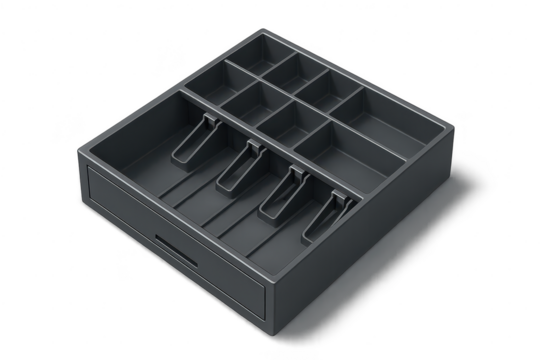 Empty dark cash register till tray insert isolated on transparent background