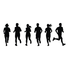 Silhouettes of a diverse group of runners in motion capturing athleticism and fitness silhouette