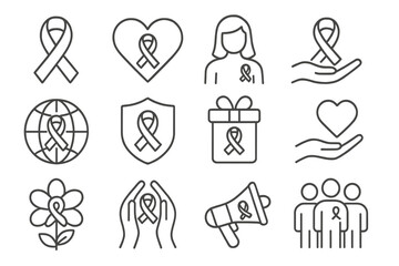 Breast cancer awareness month icon set. Pink ribbon symbol for hope, support, and solidarity. Charity donation campaign for women's health. Vector line icons for web and apps.