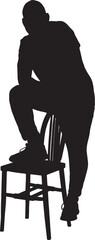 vector,silhouette of a front view of a  man standing foot on the chair