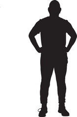 vector, silhouette of a front view of a  man standing dressed in sportswear arms akimbo