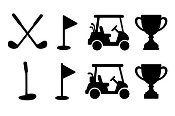 Golf equipment icon set silhouette. Vector collection of golf symbols, clubs, flag, cart, trophy cup. Graphic elements for sport design, tournament, championship. Isolated.