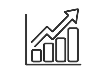 Growth chart vector icon. Linear bar graph with rising arrow. Business success, financial progress, and market increase concept. Data analysis for statistics and reports.