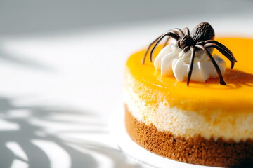 Pudding decorated with a chocolate spider for Halloween.