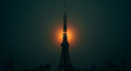 Obraz premium Silhouette of Tower Amidst Urban Landscape with Striking Solar Flare