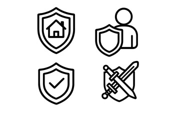 Insurance and protection outline icon set. Home security, personal safety, and defense concepts. Vector symbols for warranty, guard, and data privacy. Editable stroke.