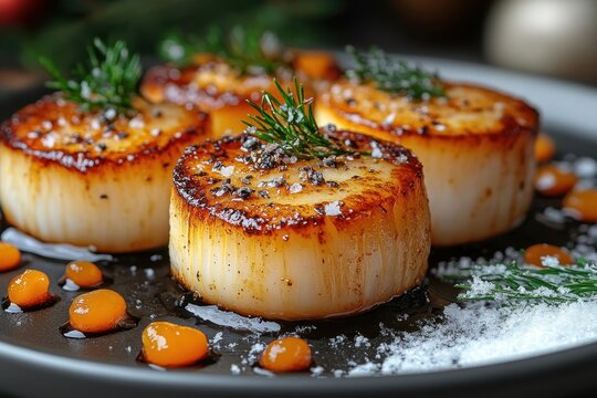 Sea scallop on a shell with sea salt.