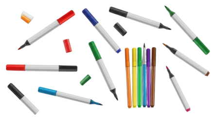 Assorted colorful felt tip marker pens for writing and drawing isolated PNG with Transparent Background