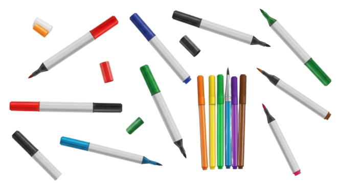 Assorted colorful felt tip marker pens for writing and drawing isolated PNG with Transparent Background