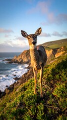 Deer on coastal cliff at sunset
