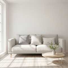 Stylish minimalist living room with a neutral color palette and sunlight