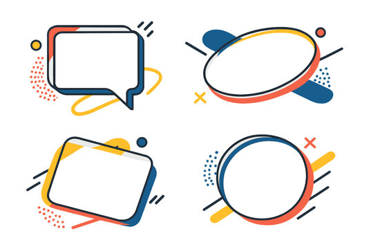 Set of modern abstract text boxes for quotes. Vector graphic design elements. Collection of colorful geometric frames, banners and speech bubble for text. Memphis style shapes.