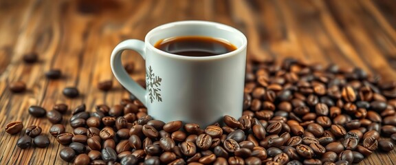 Close-up of coffee cup with snowflake stencil, roasted coffee beans on rustic wood  ,  mug,  festive