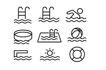 Swimming pool line icon set. Summer vacation and water sport symbols. Minimalistic linear pictogram for web, graphic design, apps. Vector swimmer, ball, lifebuoy illustration.