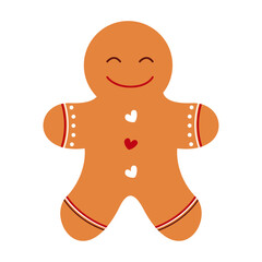 Cute gingerbread man with heart buttons. Element for Christmas wrapping paper, greeting cards, labels, stamps, New Year gifts, posters and prints
