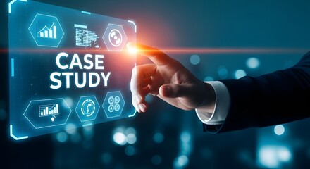 Business professional interacting with a digital case study interface on a futuristic screen