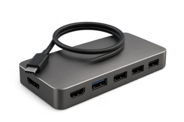 Modern grey USB-C multi-port hub adapter isolated on transparent background for connectivity