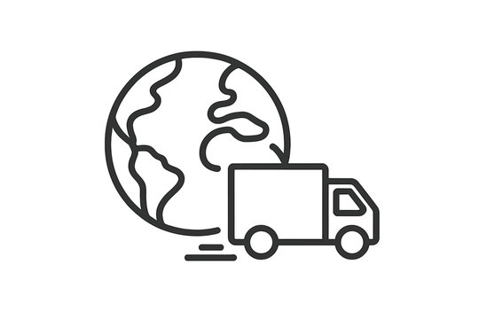 Minimalistic global delivery truck icon with Earth planet, fast shipping symbol for web, apps, banners, social media, logistics, worldwide transport concept