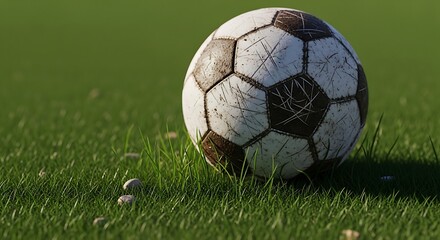 Fototapeta premium Classic soccer ball resting on green grass field natural light sunlight outdoor sport game