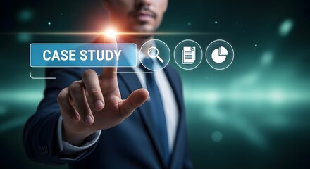 Businessman interacting with digital case study interface on futuristic screen