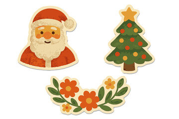 Vintage torn paper stickers set with warm Santa Claus face, decorated Christmas tree with star, and floral wreath in naive clay style for holiday decor and retro zine
