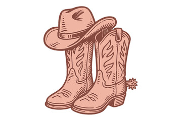 Vintage cowgirl boots and cowboy hat isolated, pink western boots with hat, retro 60s style wild west theme, hand drawn vector design for postcard, t-shirt, sticker