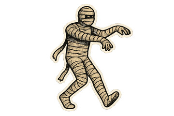 Vintage walking mummy Halloween illustration, halftone dot style, mixed media collage, 90s zine paper cutout, spooky cartoon vector sticker design