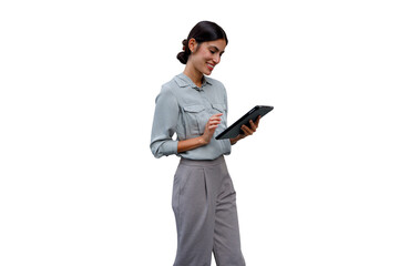 Professional businesswoman smiling, using digital tablet, managing business with modern technology on transparent background