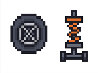 Pixel style wheel icon and suspension symbol vector set with transparent background, retro pixel art illustration, automotive parts, vehicle repair and mechanics concept, digital design elements