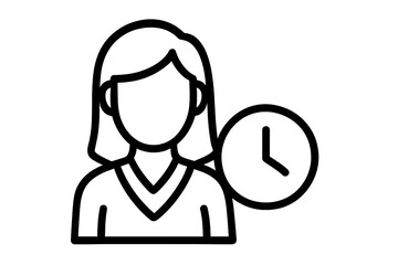 Woman with Clock Icon, Time Management and Scheduling Concept, Female Office Worker Outline, Productivity and Deadline Symbol, Vector Graphic for Business, Apps, Web Design