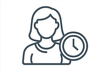 Woman with Clock Outline Icon, Time Management Concept, Female User Profile with Clock, Vector Illustration for Graphic Design, Apps, Advertisements, and Various Cards