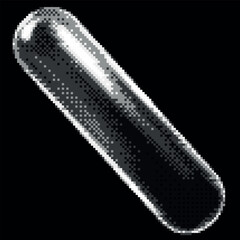 Transparent glossy crystal tube shape pixel art vector icon, 8 bit monochrome glass long round figure with glare on dark