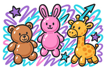 Hand-drawn Y2K style bubble animals with graffiti linear background, cute bear, rabbit, giraffe balloons in trendy retro cartoon design, playful childish banner vector illustration